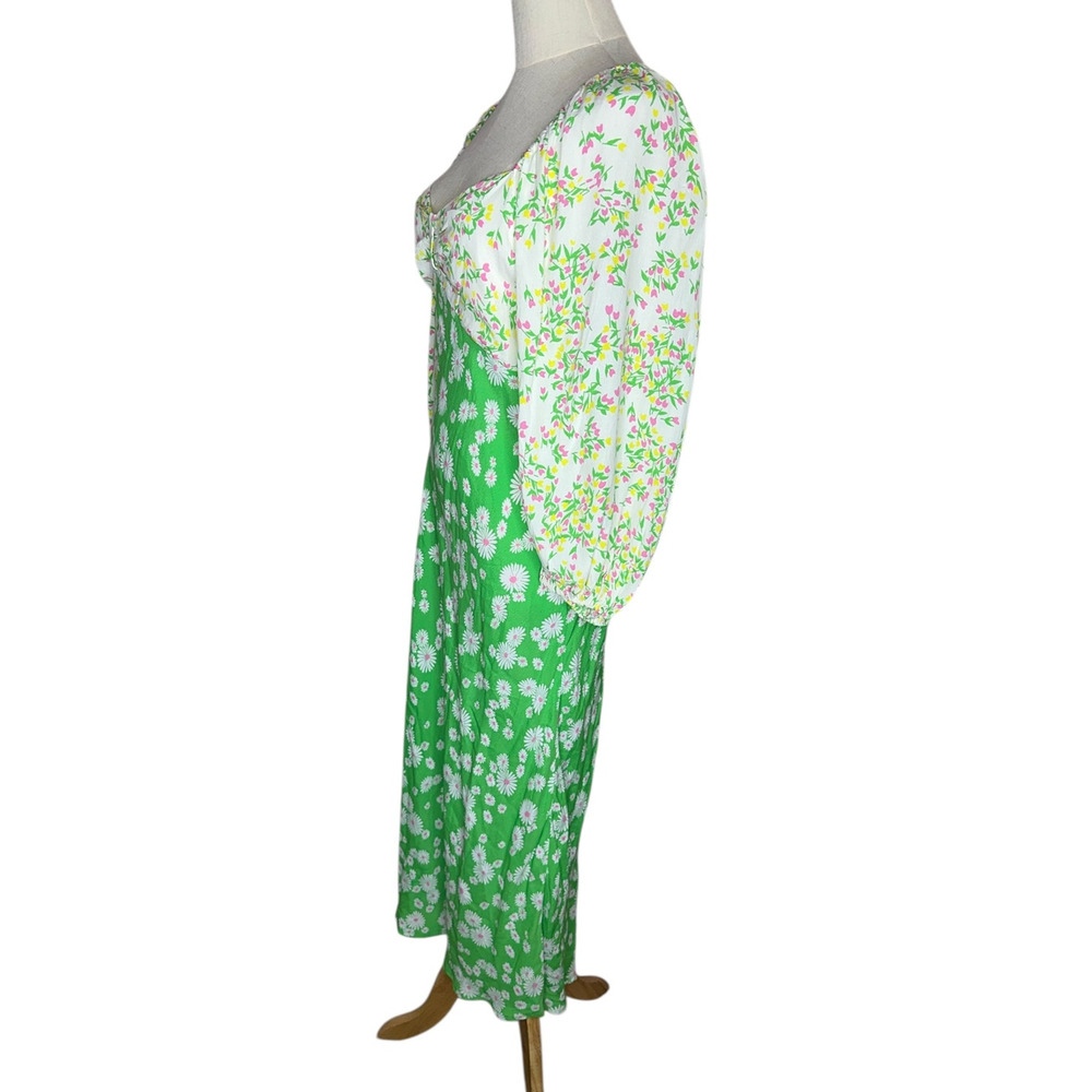 NWT RIXO Target Daisy Green Pink V Neck Floral Rushed Midi Swing Dress Size 12 - Picture 6 of 10